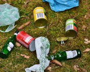 Müll liegt verteilt auf grünem Moosboden