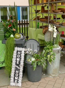 Das Bild zeigt drei dekorativ bepflanzte Mülltonnen